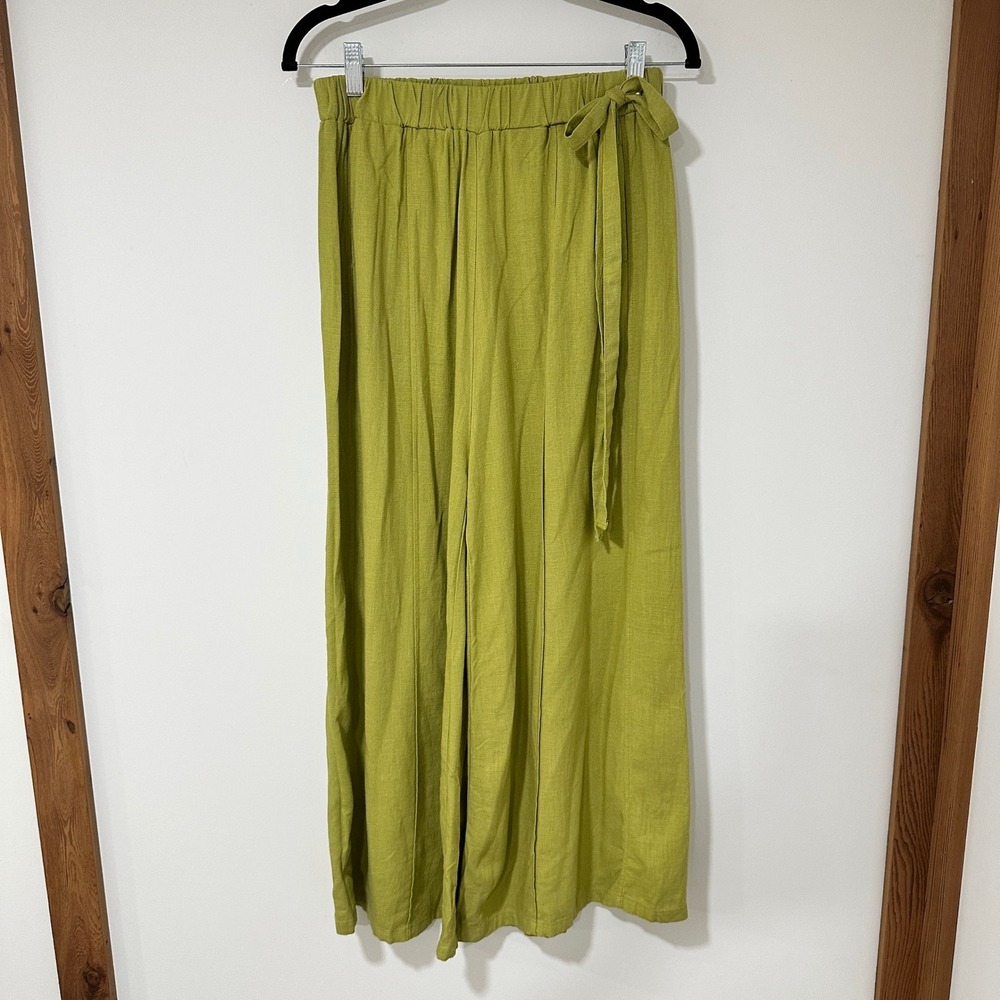 BUYKUD‎ Wide Leg Pants Women One Size Green Linen Blend Elastic Waist Lagenlook